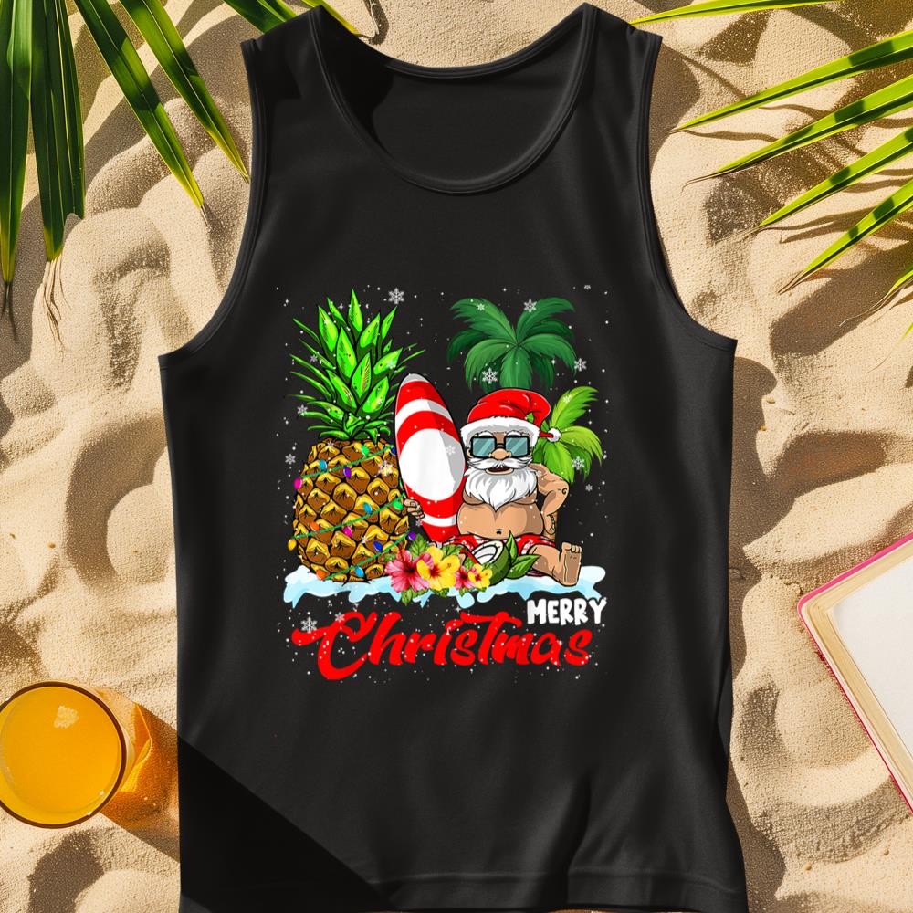 Merry Christmas Xmas Lights Santa Surfing Hawaiian Pineapple Tank Top