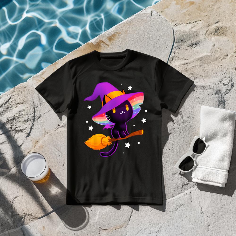Witch Black Cat With Rainbow Hat And Magic Broom LGBT Pride T-Shirt
