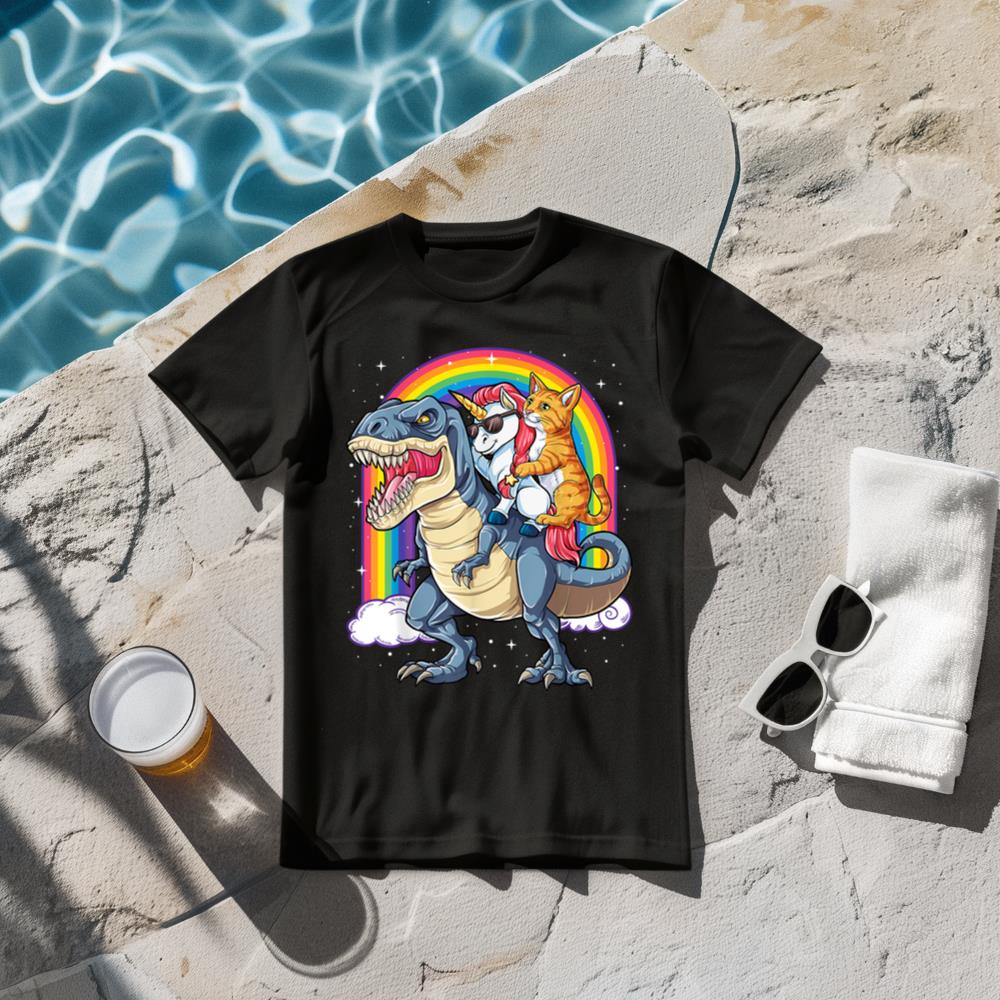 Cat Unicorn Riding Dinosaur T rex Kitten Lover Space Galaxy T-Shirt