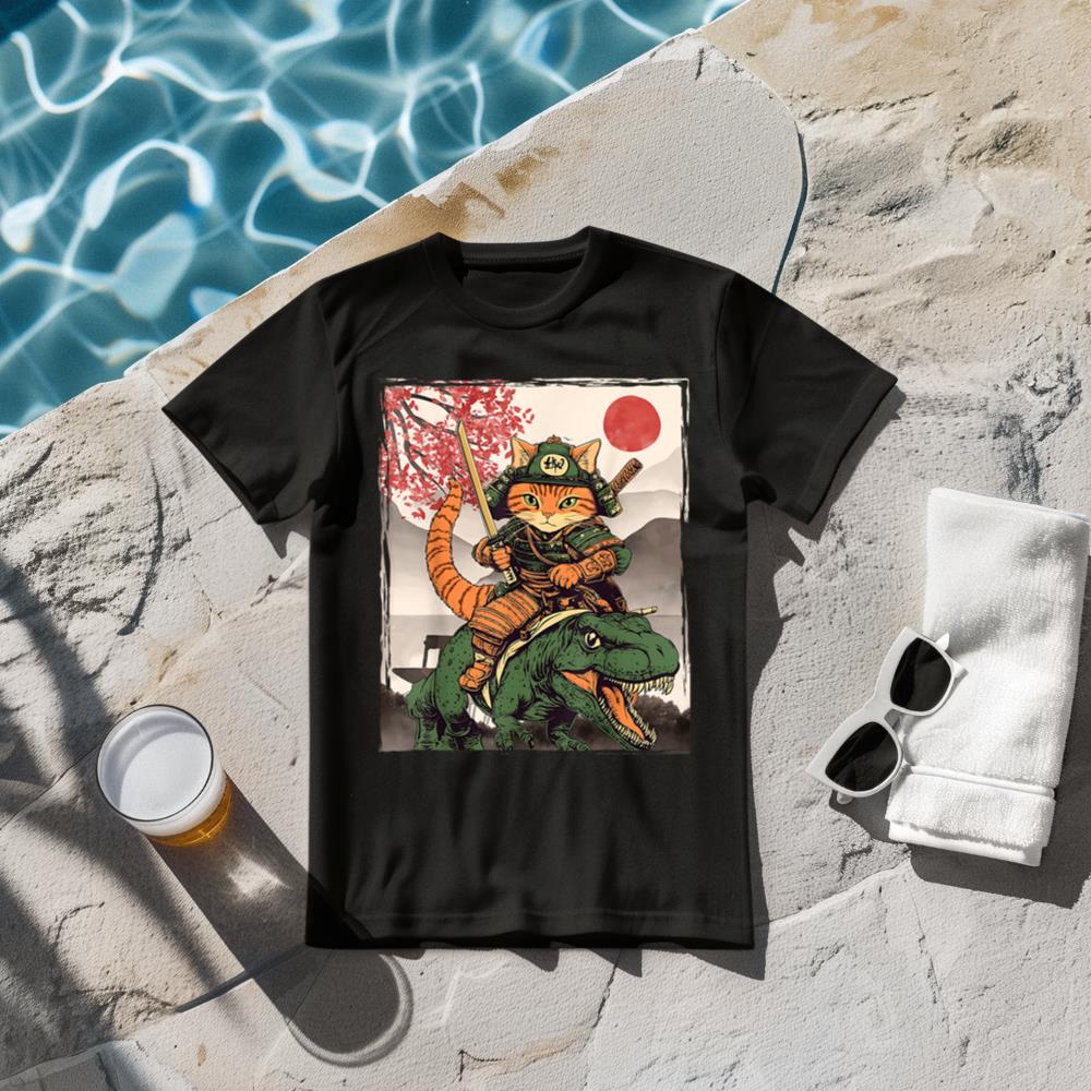 Japanese Ninja Art and Japan Samurai Cat with T-Rex T-Shirt