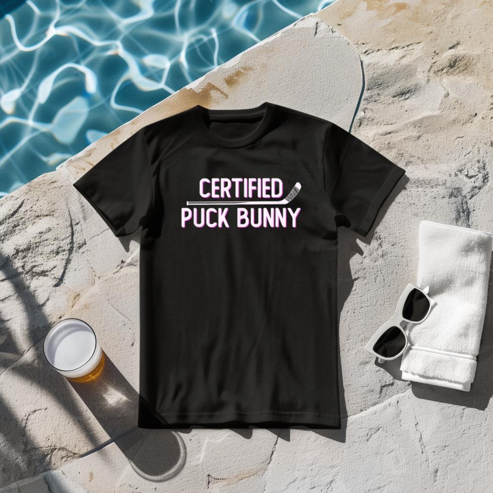 Certified Puck Bunny Funny Ice Hockey Slang Quote Inline T-Shirt
