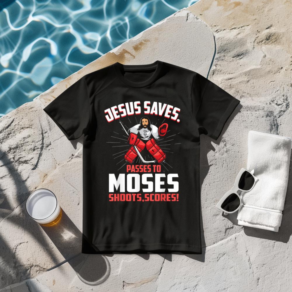 Jesus Saves Hockey Goalie Passes Moses Funny Religious Sport T-Shirt